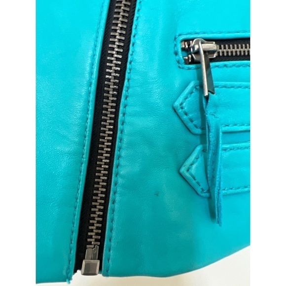 NEIMAN MARCUS COLLECTION TEAL BLUE LEATHER MOTO JACKET - SIZE M - Picture 8 of 9